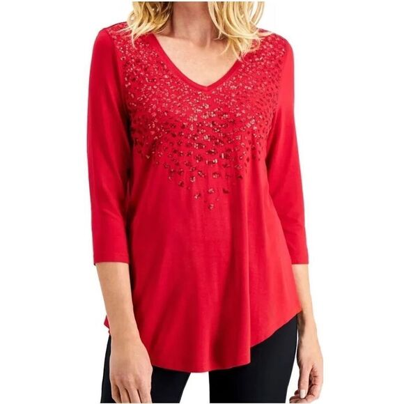 JM Collection Petite V-Neck Sequined Top New Red Amore XL - Picture 1 of 3